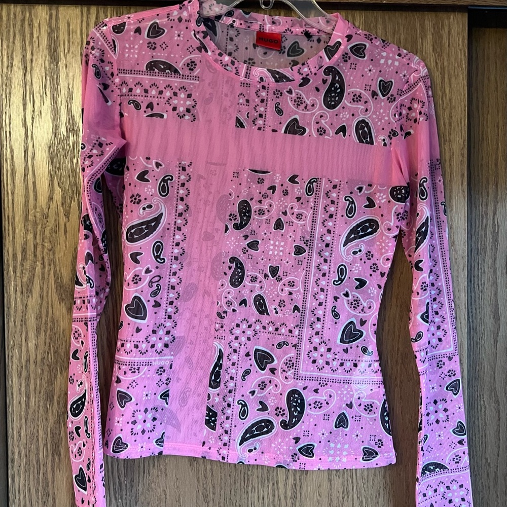 Hugo Boss Pink and Black Paisley Long Sleeve Top